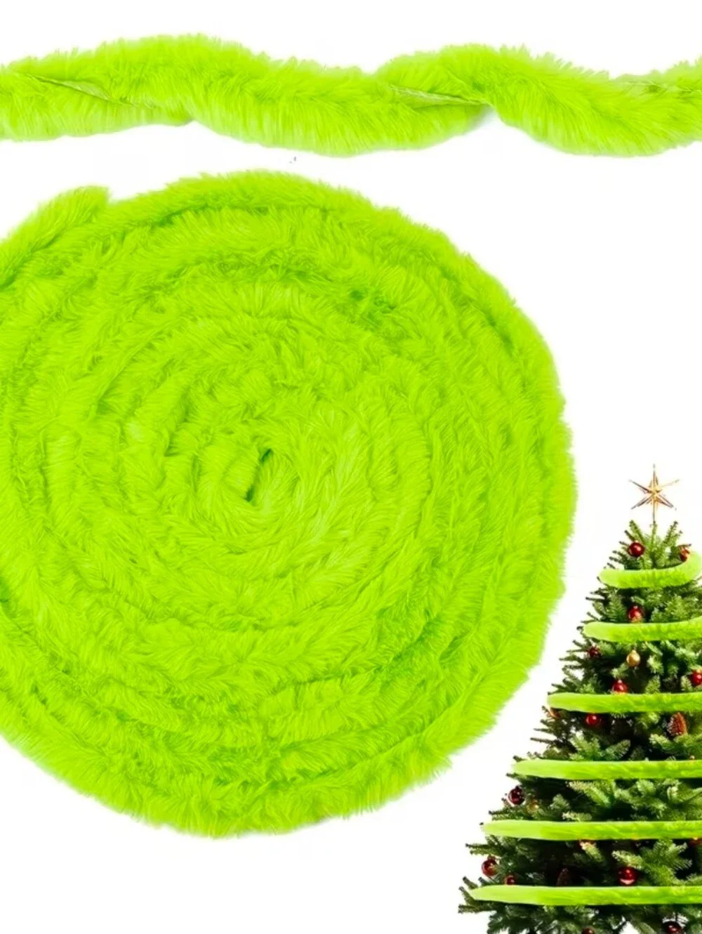 Bright Lime Green Grinch Fuzzy Christmas Tree Garland - EUC